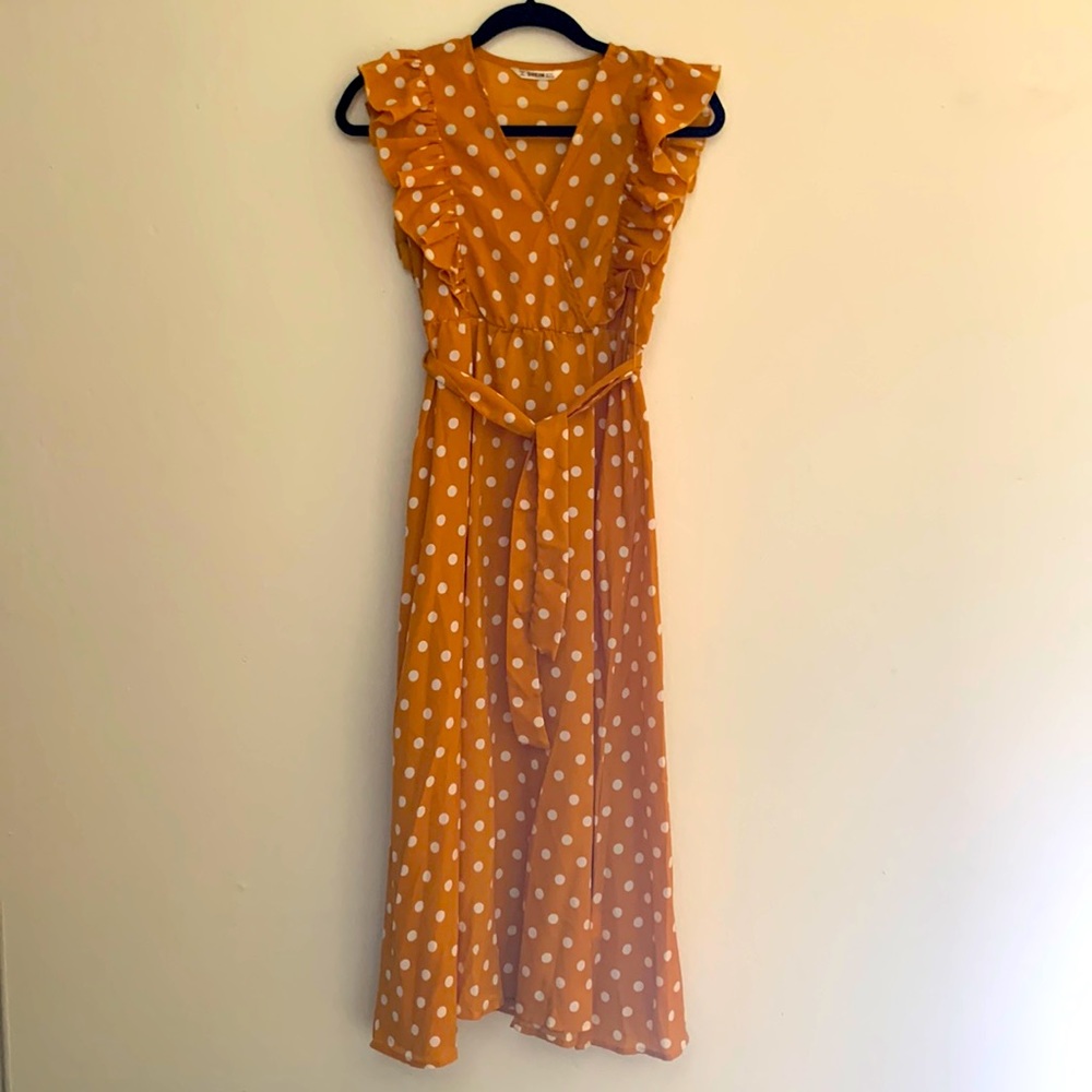 Yellow Dress with White Polka Dots - Sleeveless with Ruffles - V Neck